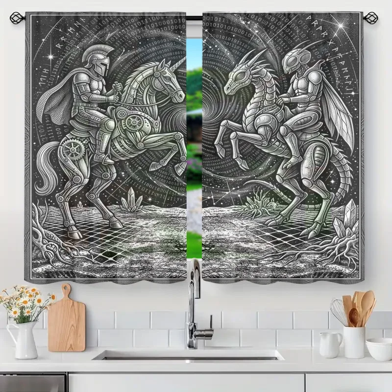 Industrial Steampunk Cyberpunk SciFi Window Curtain Panel Binary Code Gears Knights Horseback Decor Semi Sheer Privacy Kitchen W