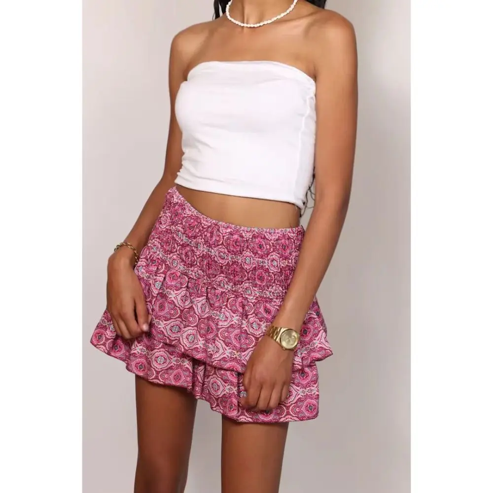 Vintage Floral Pleated Short Skirt High Waist Ruffle Women's Skirt Summer Spring Bohemian Dress Women Girl