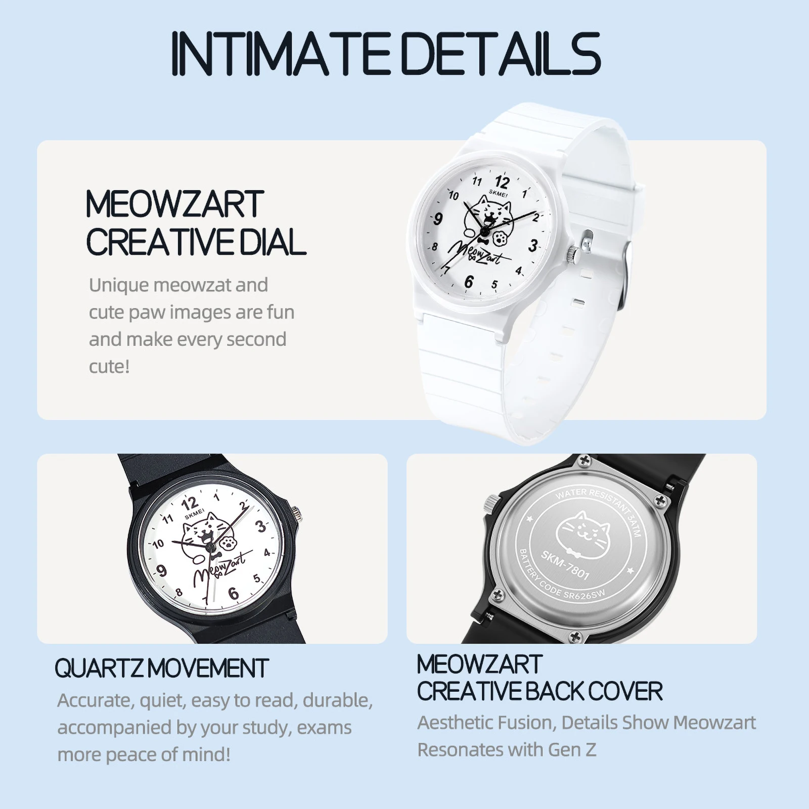 SKMEI 7801 MEOWZART Quartz Wristwatch Student Fashion Simple Watch 30M Waterproof Cute Cat Embroidery Casual Clock Outfit Wear view 4