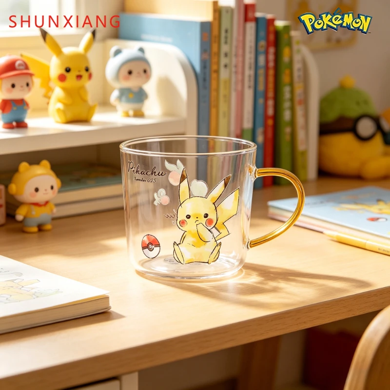 SHUNXIANG Pokémon Pikachu Water Cup 520ml High Borosilicate Glass Cute Cartoon Coffee Mugs with Handle Home Breakfast Oat Cup