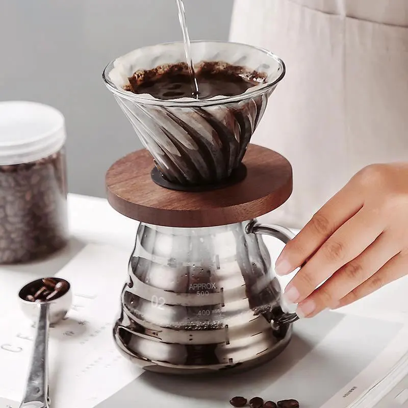 Coffee Dripper Funnel Filter Brewing Cup Durable Glass Coffee Filter With Wood Holder Reusable Coffee Accessories