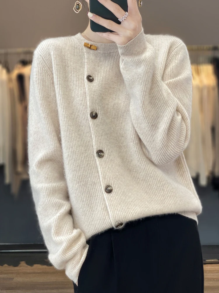 Cardigan women's 100% pure cashmere sweater autumn and winter coat high-end thick autumn plus size sweater coat high sense.