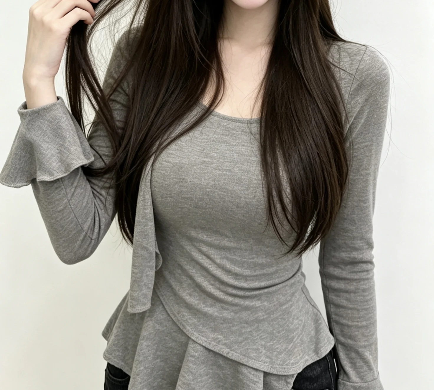 Autumn Winter Women's V-neck T-shirt Gathered Waist Bell Sleeve Drawstring Top Sensory Blank Canvas Commute Style Long Sleeve