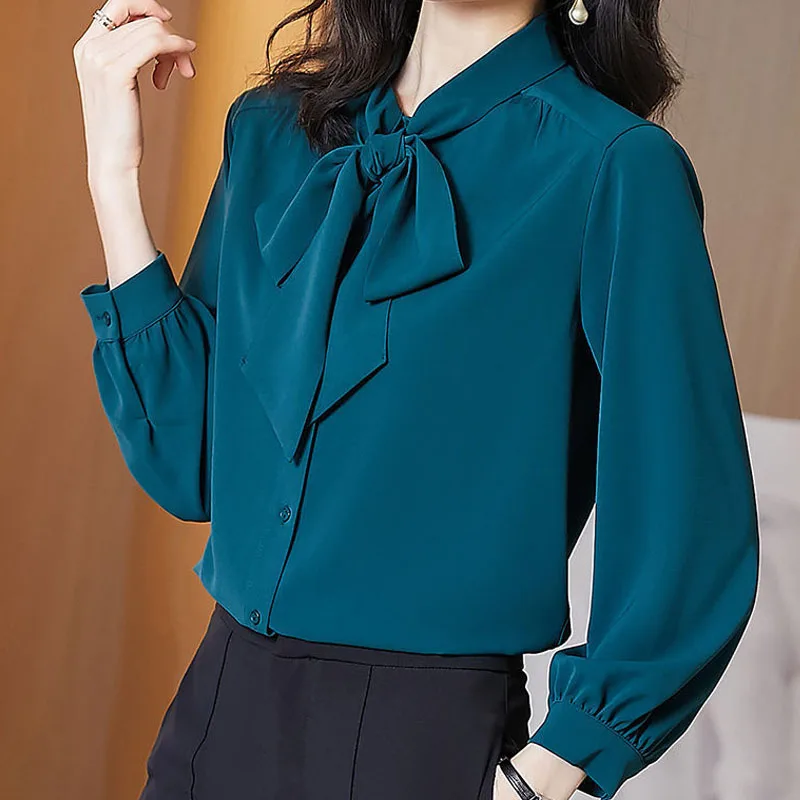 Spring Summer Middle Age Bow Collar Lantern Sleeve Office Lady Shirt Four Colors Single Breasted Chiffon Temperament Plus Size