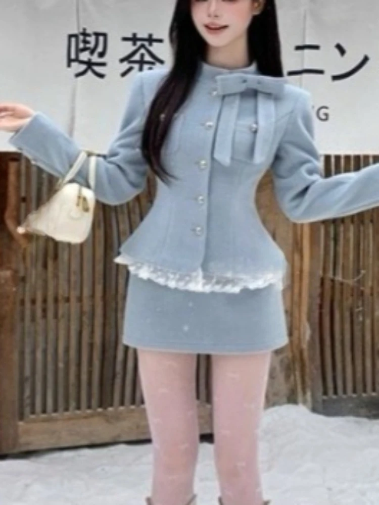 الفرنسية أنيقة القوس قطعتين مجموعة النساء الخريف الشتاء الدانتيل المرقعة مزدوجة الصدر سترة وتنورة خط الزي الحلو شيك