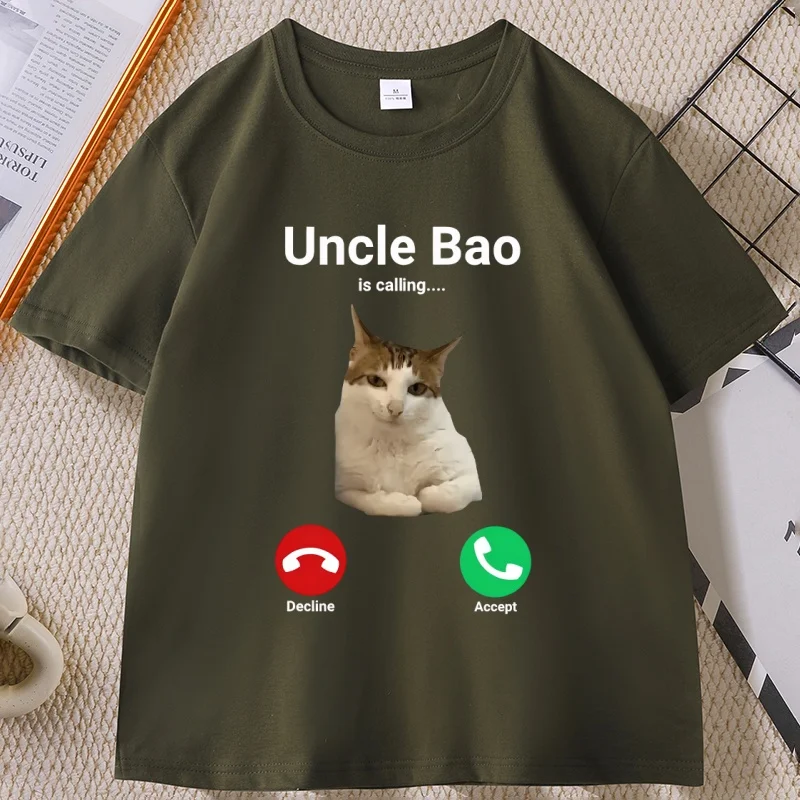 Uncle Bao Is Calling Funny Cat T-Shirt Cool Cute Graphic Tee Men's Designer Humor Tshirts Cotton Short Sleeve Round Neck Tops