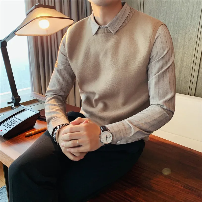 

M-5XL ~ Men's Autumn and Winter Shirt Collar Fake Two Pieces Sweaters, Business Casual Youth Fashion Knitwear, Shirt Sleeve