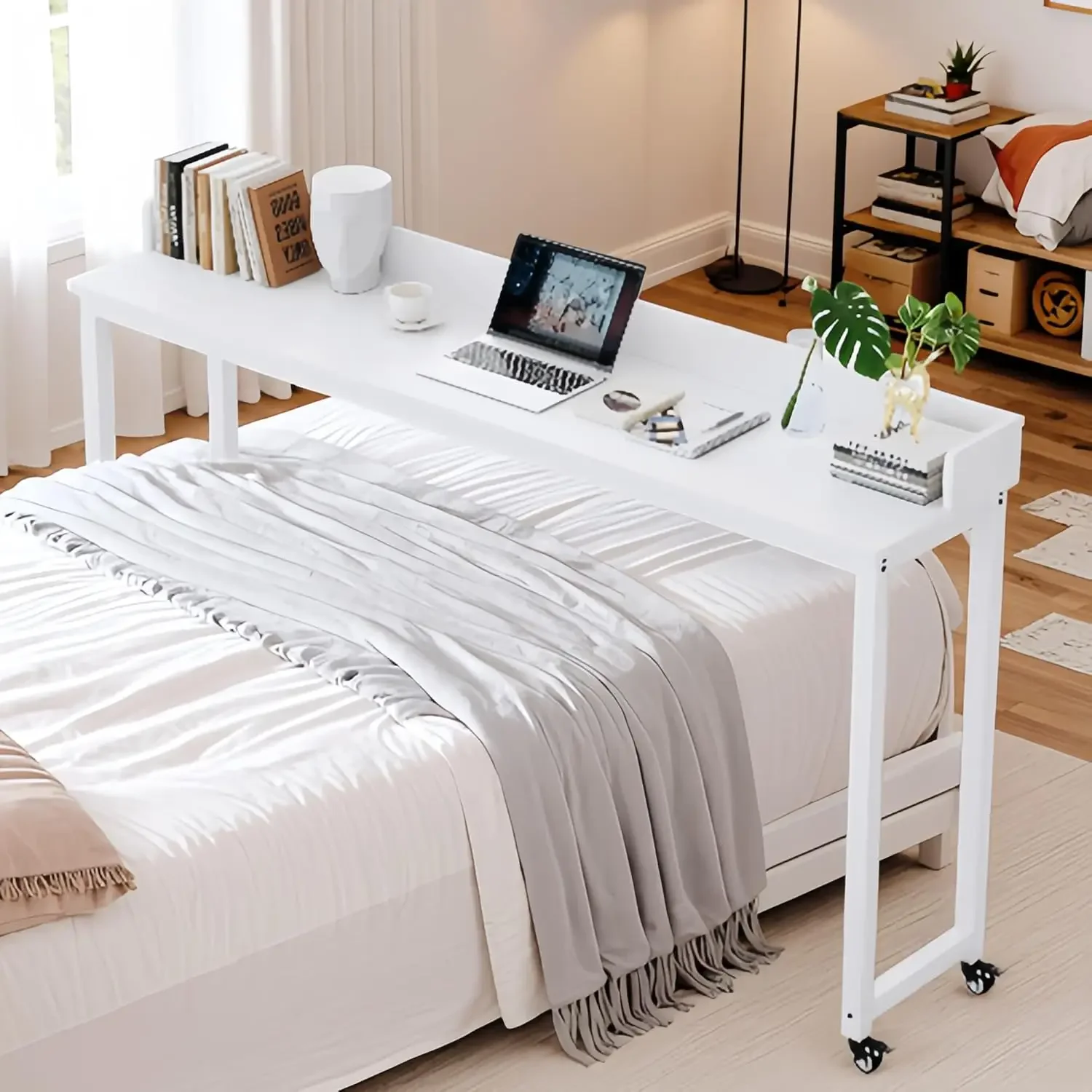 

Overbed Table with Wheels, Queen Full Size Mobile Computer Desk, Standing Laptop Cart, Over Bed Table with Heavy Duty Metal Leg