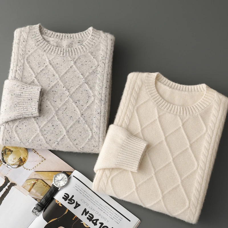 CHICUU Men's 100% Cashmere Sweater Thick O-neck Pullover Rhombus Knit Autumn Winter Cashmere Knitwear Smart Casual Soft Clothes