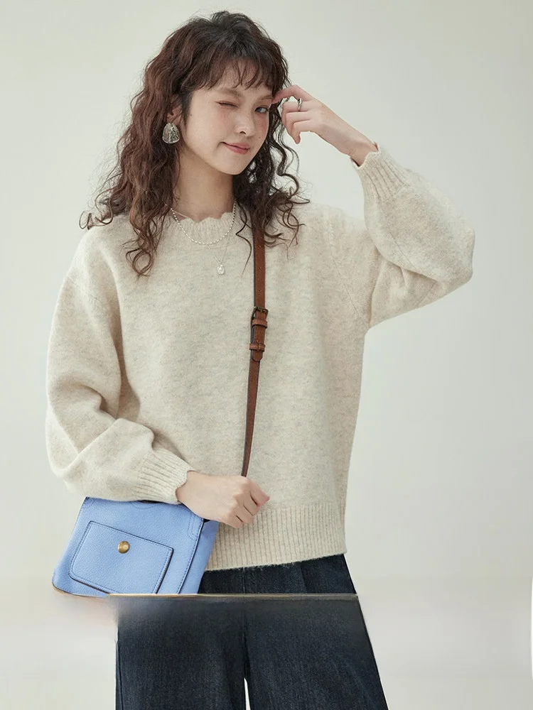 AMUU Original Pure Color Lace Collar Long Sleeve Women's Wool Sweater Loose Fit Autumn Winter New Style Inner Wear Top