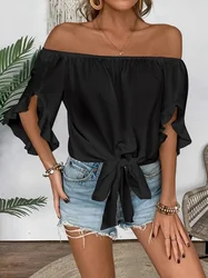 Summer One Shoulder Short Sleeved Tops for Women Solid Color Ruffle Sleeve T-Shirt Ladies Casaul Elegant Top Bow Tie Club Party