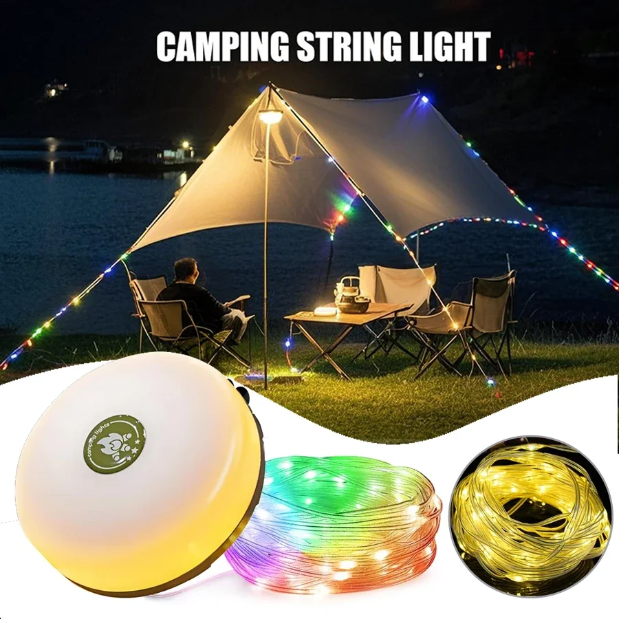 10m Camping String Lights 2 in 1 USB Rechargeable Light Strings Outdoor with 8 Lighting Modes Waterproof For Yard Hiking Camping
