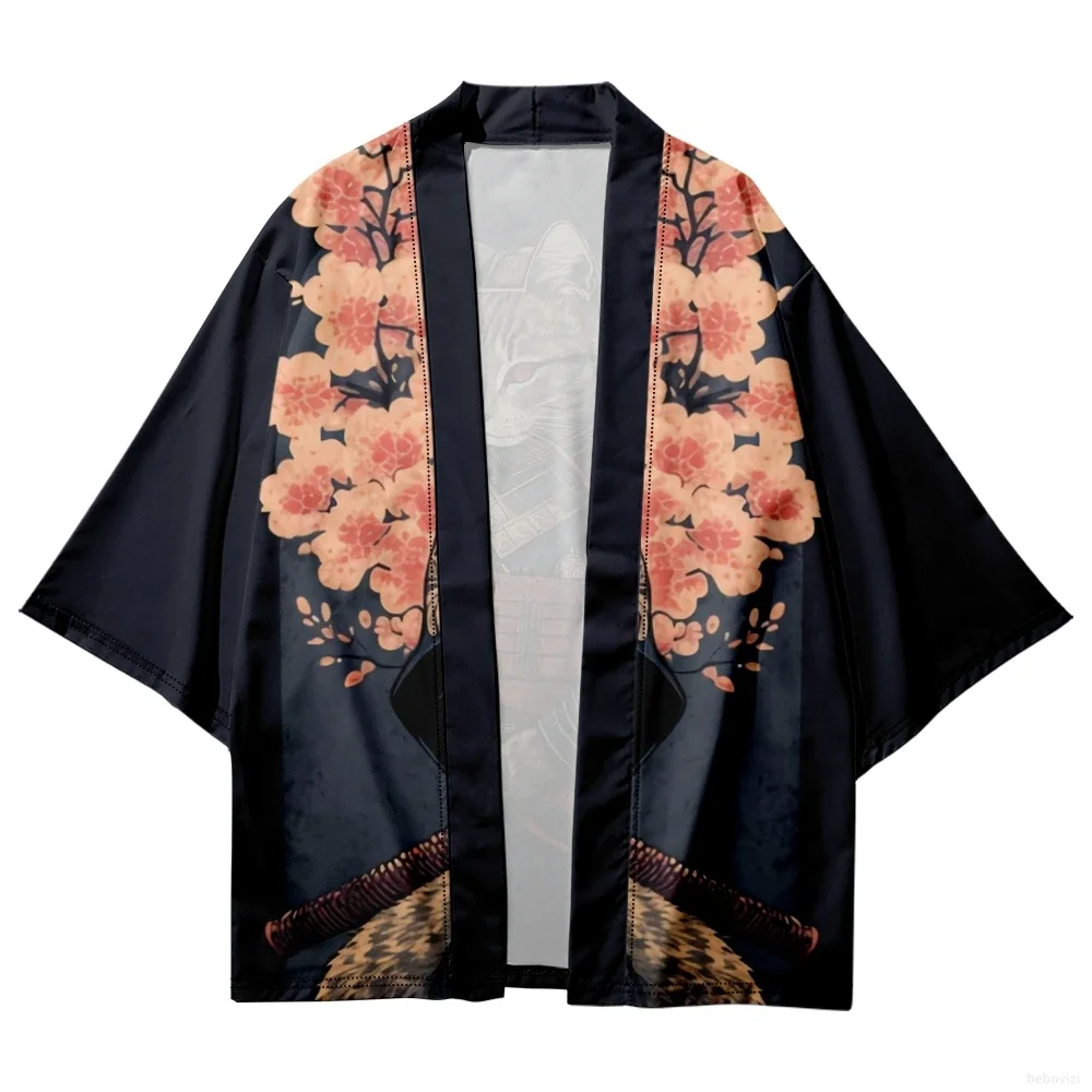 Kimono japonés con estampado de gato Sakura samurái para hombres y mujeres, cárdigan de talla grande, ropa tradicional Harajuku, ropa de playa de verano, Haori