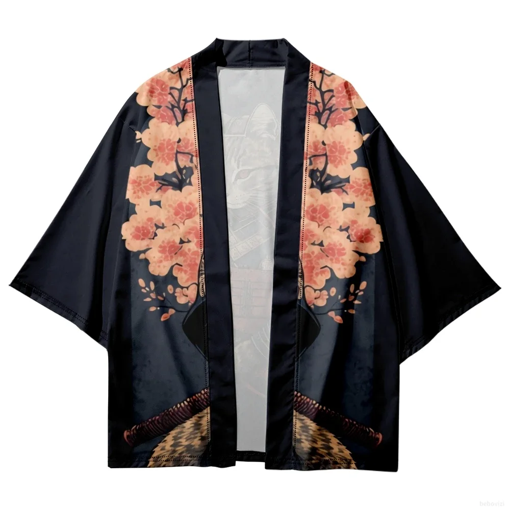 Plus Size Japanese Sakura Cat Samurai Print Kimono Streetwear Men Women Cardigan Harajuku Traditional Clothes Summer Beach Haori