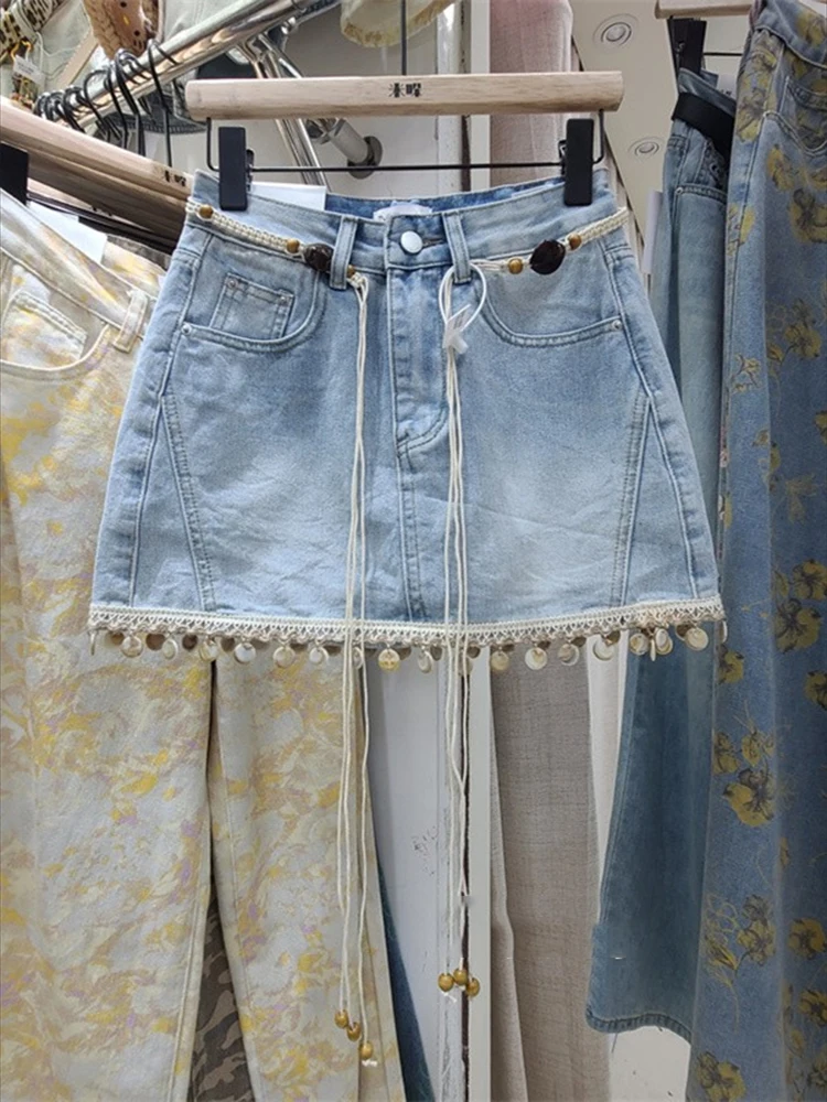 Light colored pleated design with fringed edge workwear jeans women 2025 new style loose and slim leg wide leg pants