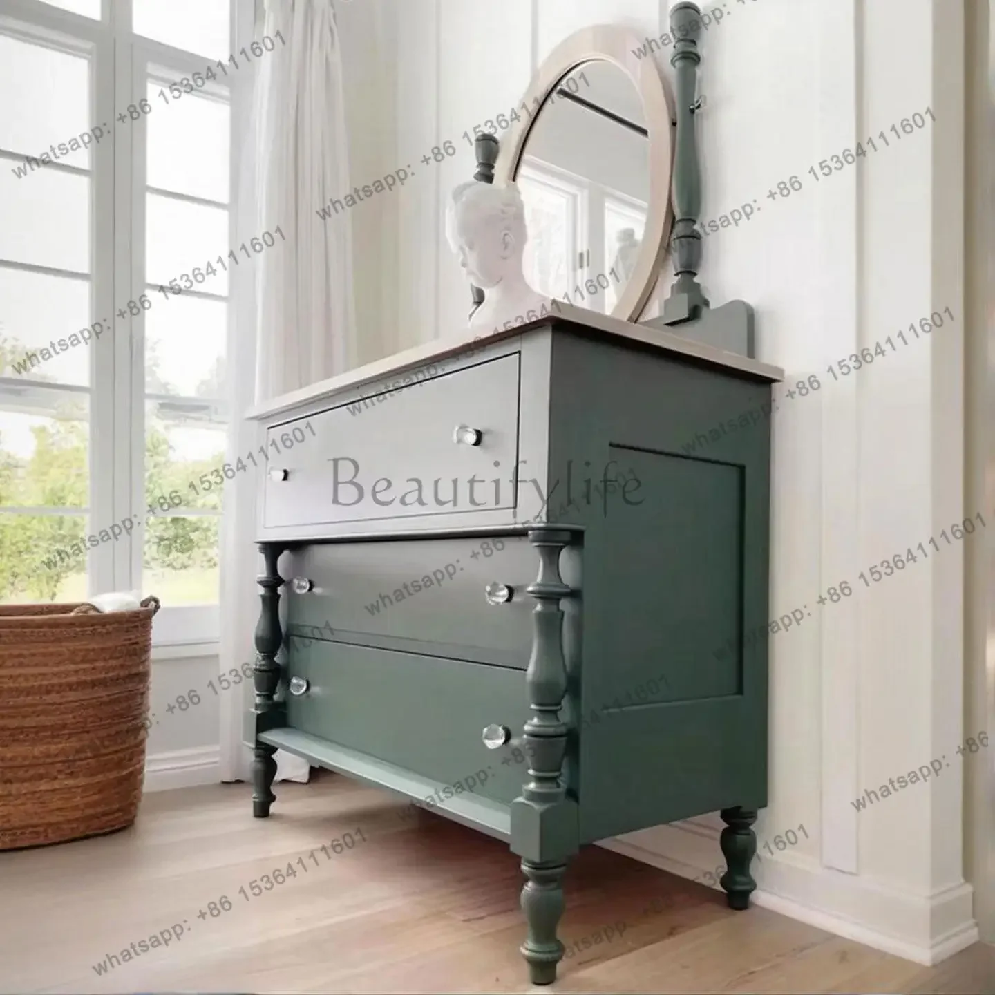 LJYFrench esculpido armário de penteadeira de madeira maciça pequeno apartamento armazenamento retro penteadeira