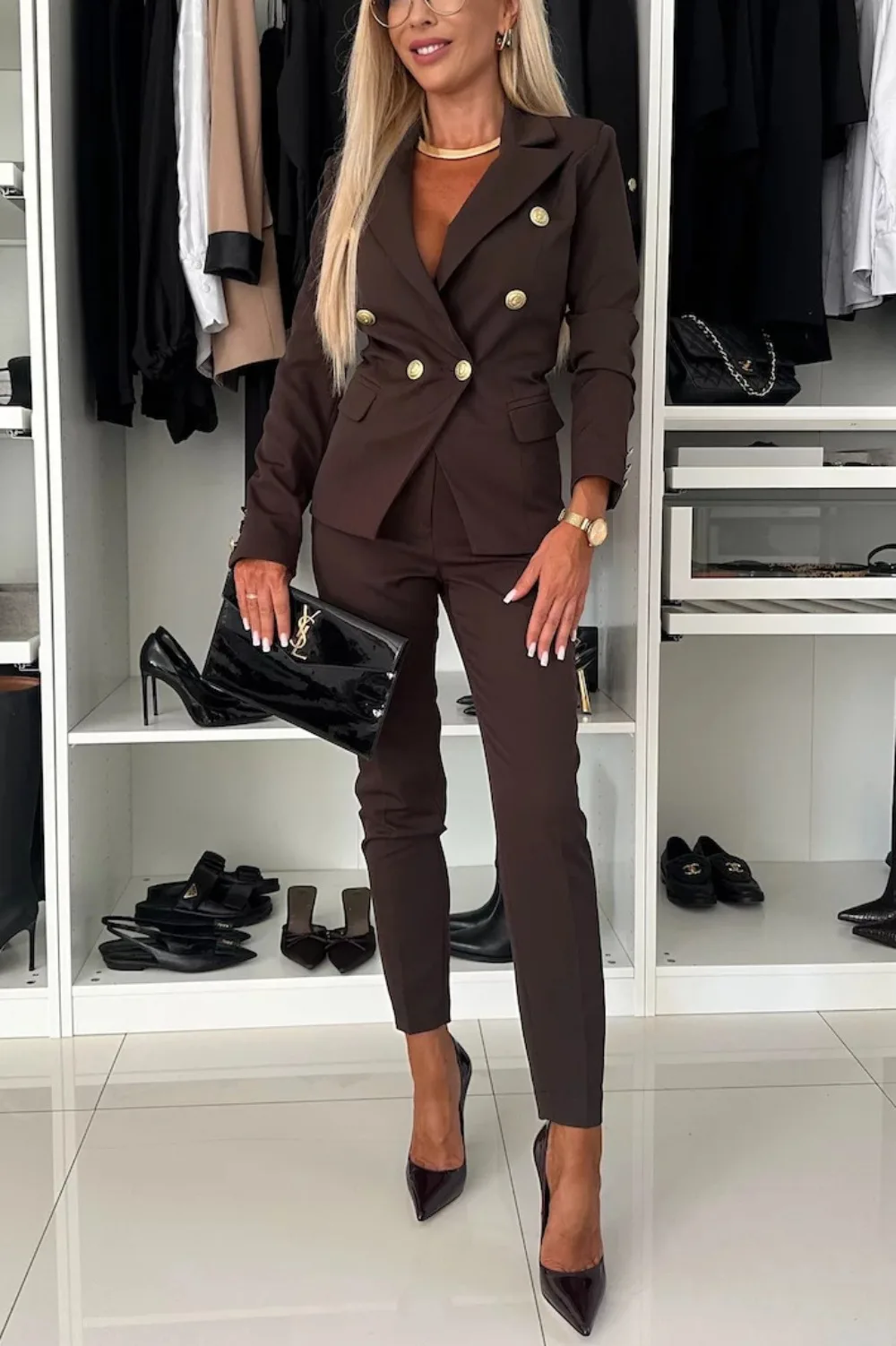 

Autumn Winter Fashion Solid Color Two Piece Set Women Sexy V-neck Long Sleeved Suit Jacket Long Pants Elegant Two Piece Set