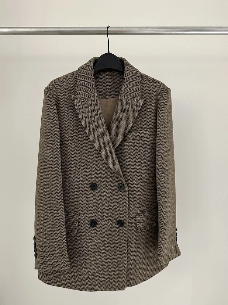 

Твидовый пиджак из 100% шерсти с узором «елочка» для женщин, осень/зима 2022, большой твидовый пиджак с широкими плечами