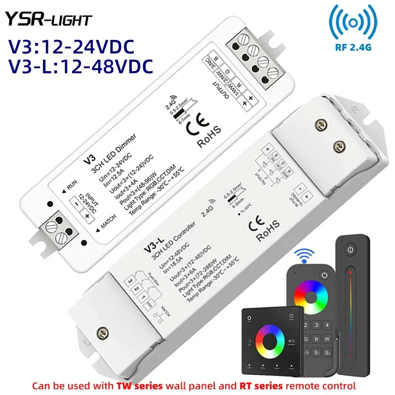 RF2.4G 3CH Wireless Dimmer Push Dim Controller V3 V3-L DIM/CCT/RGB Light Strip No Flicker Multi Zone Work With Wall Panel Remote