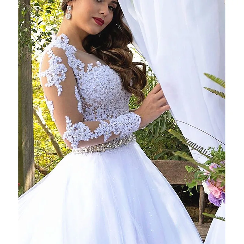 Elegant Wedding Dress Long Lace Sleeves Sweetheart Beading Bridal Ball Gown Lace Applique Tulle With Train Robe De Mariée