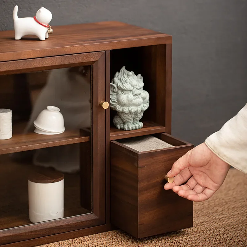 Solid Wood Walnut Desktop Storage Cabinet Small Locker for Tea Room Household Tea Set Can Display Dustproof Organizer Box