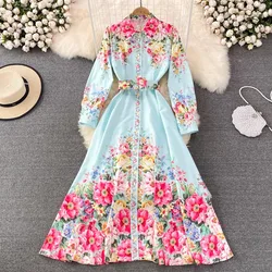 Spring Autumn Women Flower Long Sleeve Turn Down Collar Single Breasted Belt  Elegant Vintage Printed Shirt Holiday Maxi Dress