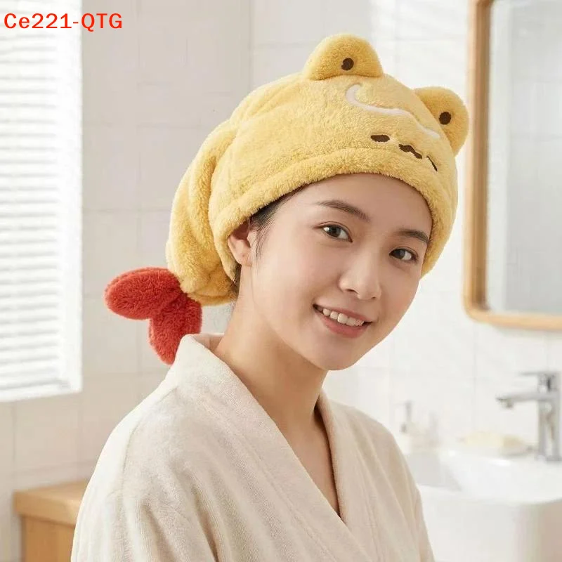Hot Women's Quick-Dry Absorbent Thickened Korean Cute Fried Shrimp Embroidered Shower Cap Towel 1PCS
