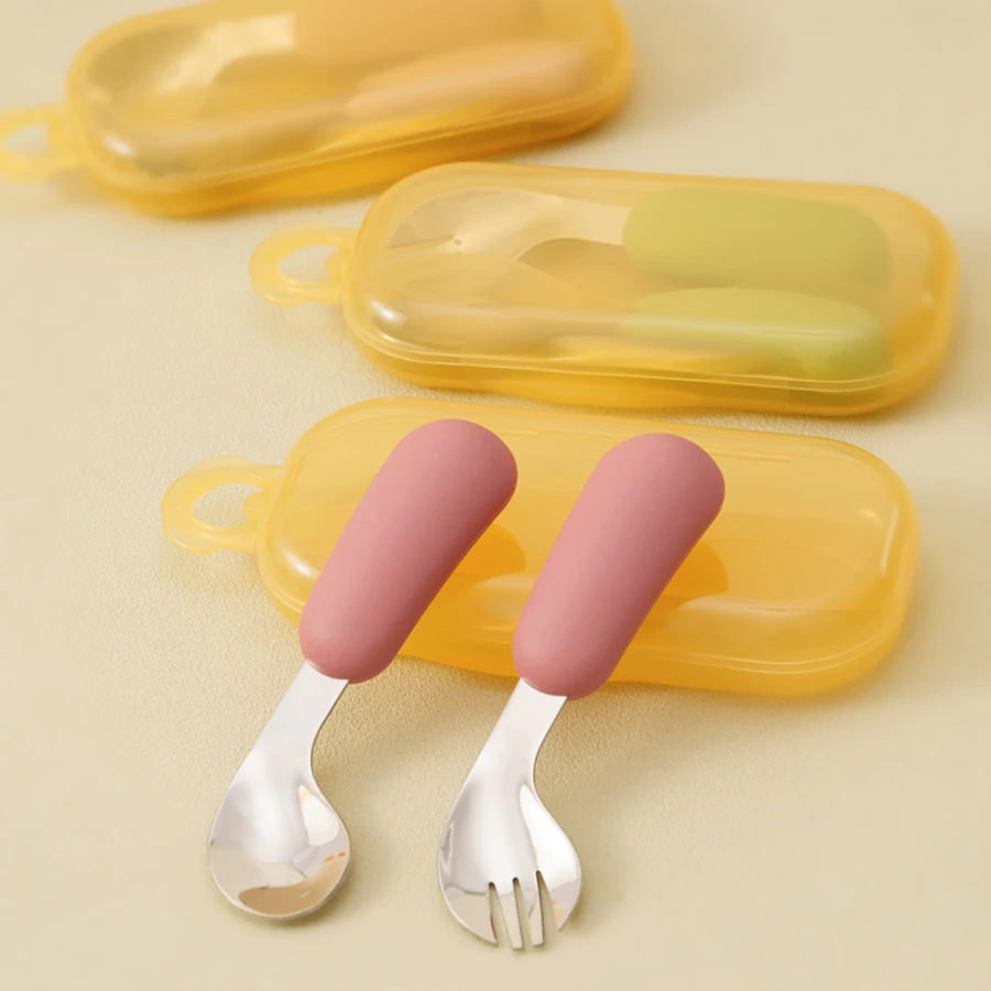 

2PC Stainless Steel Baby Slicone Fork Spoon Feeding Set Solid Color Tableware Crooked Baby Utensils Portable Baby Stuff With Box