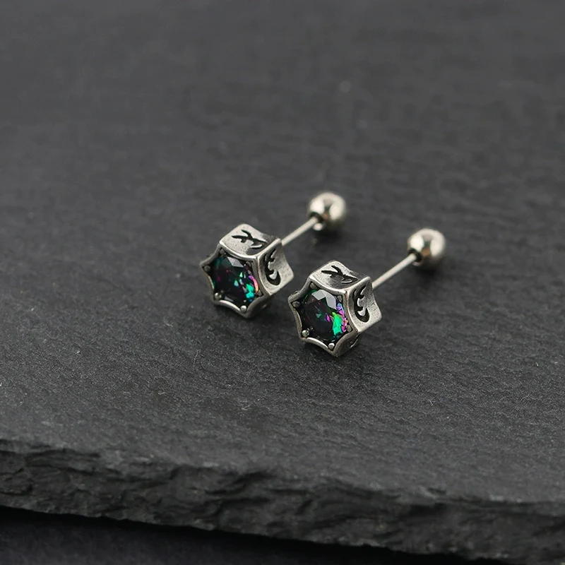 Trendy Colorful Crystal Hexagram Screw Earrings for Men Creative Retro Ear Stud Cold Minimalist Boy's Thai Silver Ear Jewelry