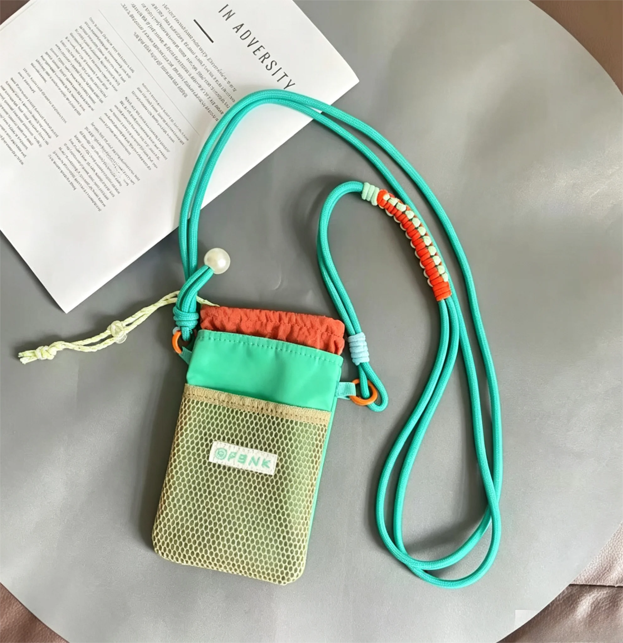 Dopamine Color Contrast Mesh Neck Wallet Adjustable Crossbody Rope Lanyard Phone Bag Earphone Coins Key Lip Organizer for Girls view 5