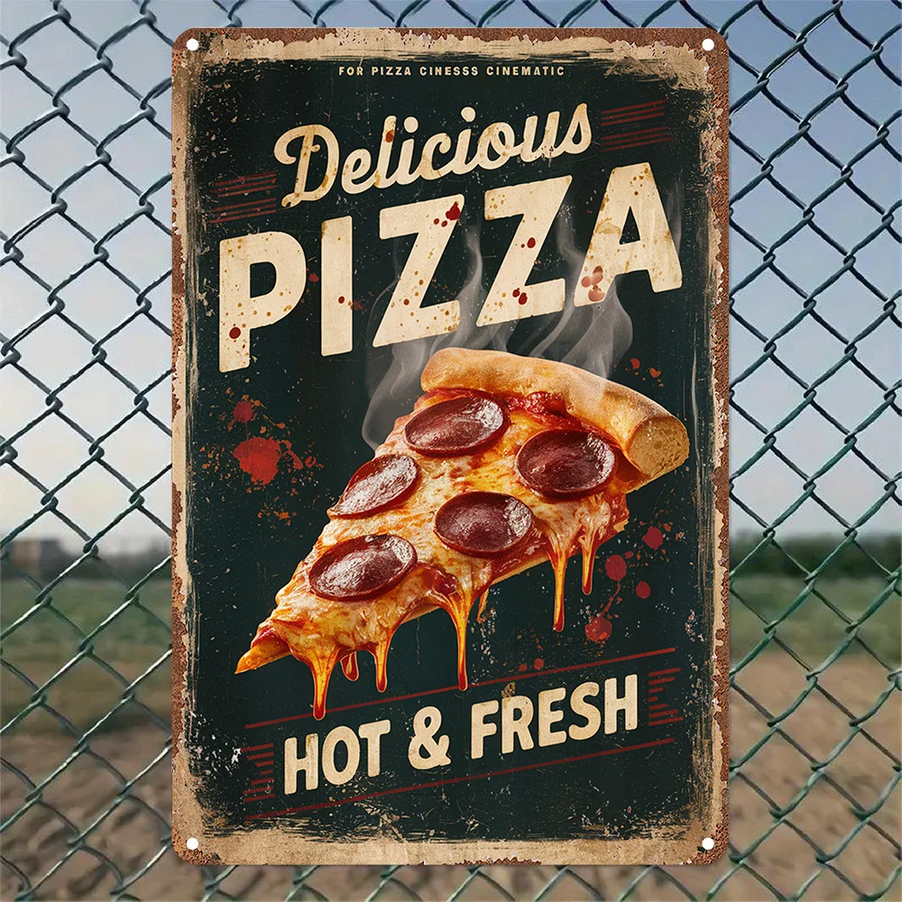 Letrero metálico con diseño de "Delicious Pizza & Fresh", arte de pared de hierro con aspecto rústico y desgastado para decoración del hogar, jardín y garaje