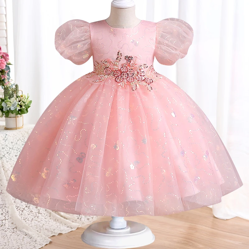 2024 New Girls' High end Sequin Bubble Sleeve Princess Dress Embroidered Mesh Fluffy Dress Banquet Host Flower Girl Wedding Dres