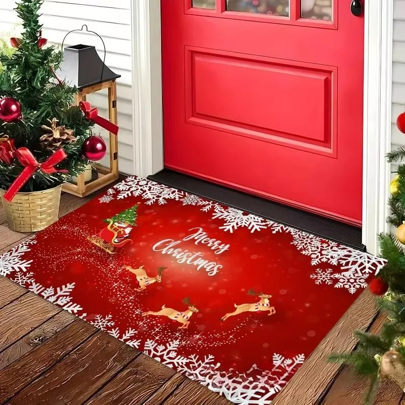 VIKAMA Reindeer Red Christmas Doormat—Stain-Resistant and Non-Slip—Entrance, Foyer, Bathroom, and Toilet Mat—Home and Decor