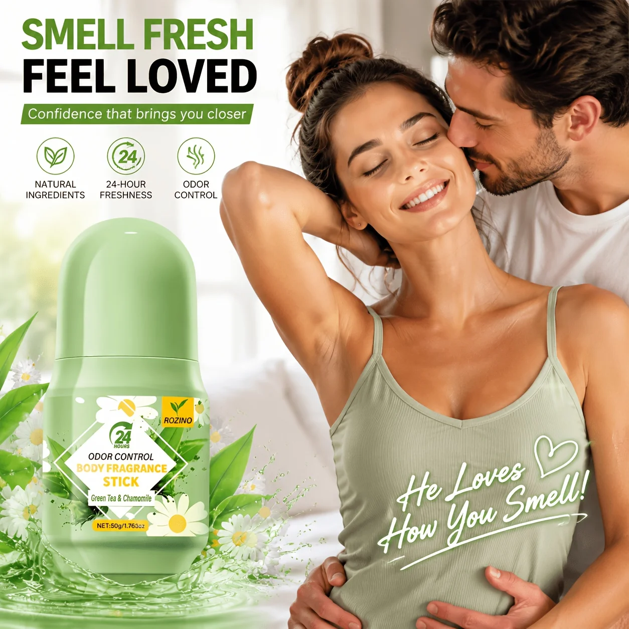 ROZINO Body Fragrance Stick 50g, Odor Control Deodorant Stick with Green Tea & Chamomile, Long Lasting Fresh Scent, Portable Solid Fragrance for Daily Body Care, Easy to Apply, Unisex Personal Care
