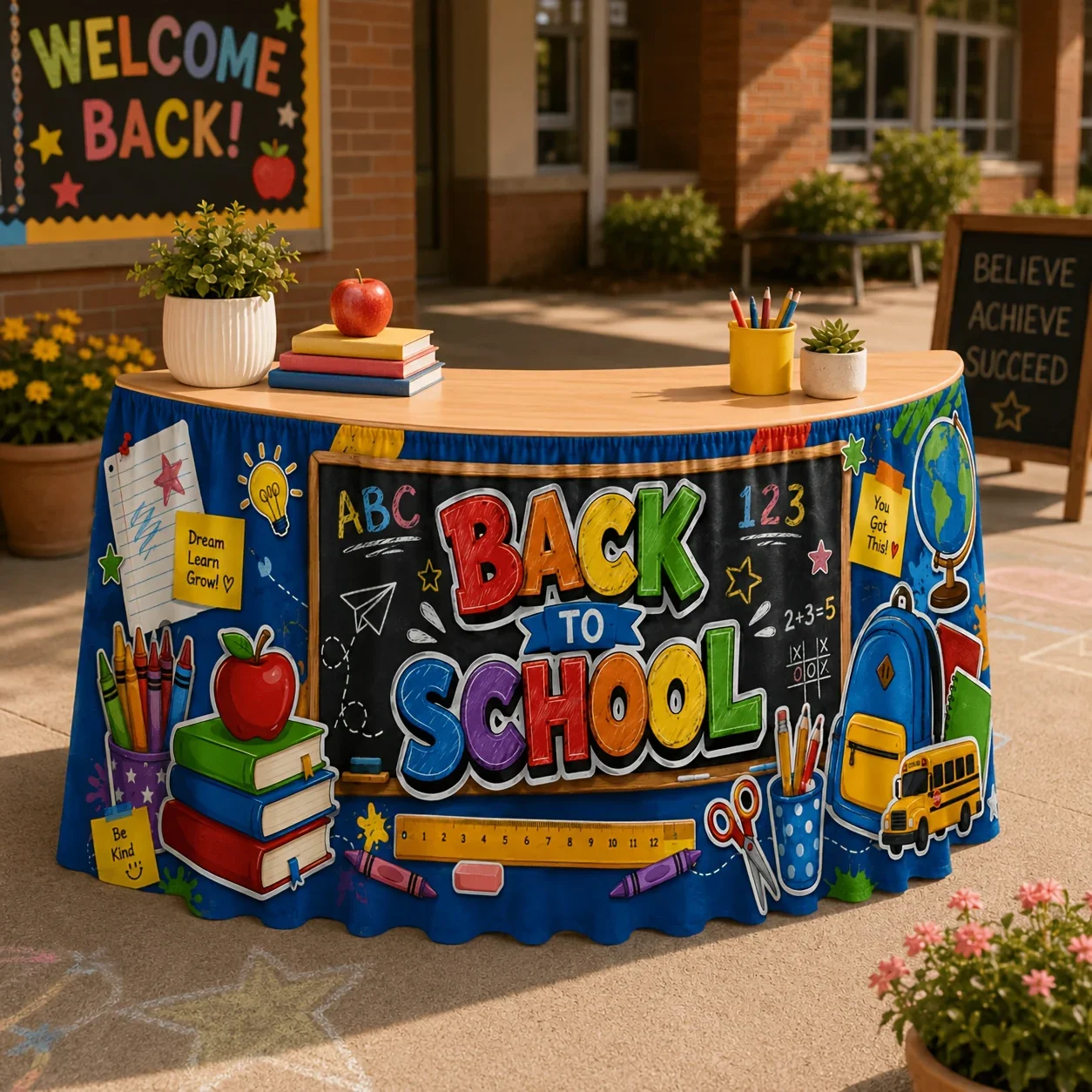 1 tablecloth table skirt, back-to-school theme, blackboard painting, school bus, ruler, paper, sticky notes, printed decoration.