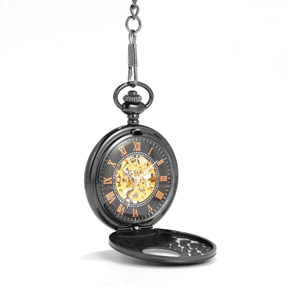 8947  Black Roman scale carved mechanical pocket watch retro gift personality creative black face quartz pocket watch