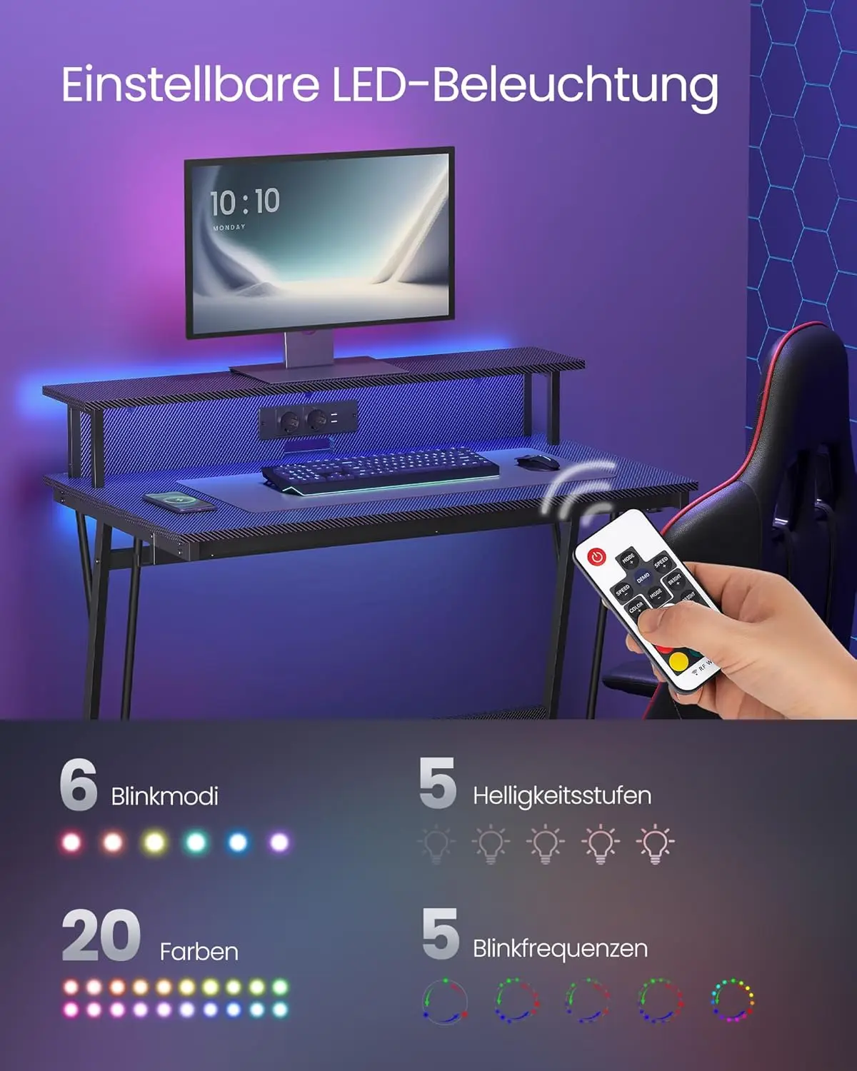 VASAGLE Schreibtisch, mit eingebauter Steckdosenleiste,LED-Beleuchtung