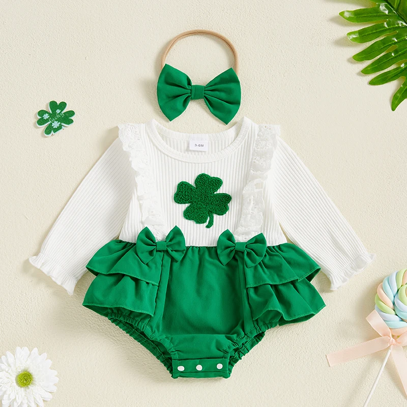 St Patrick s Day Baby Girl Outfit Shamrock Embroidery Romper with Matching Headband for Toddler Infant Clothes