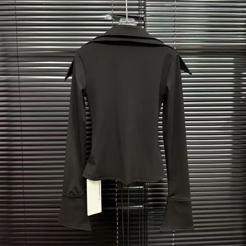 Fashion Women's Trendy Long Sleeves Pleated Blouse Black Lapel Shirts Tops Spring New Arrival Female