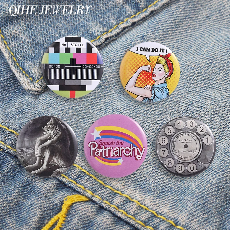 Feminist I Can Do It Smash the Patriarchy Tinplate Soft Button Pin Retro TV Rotary Telephone EMO Werewolf Brooch Jewelry Badges