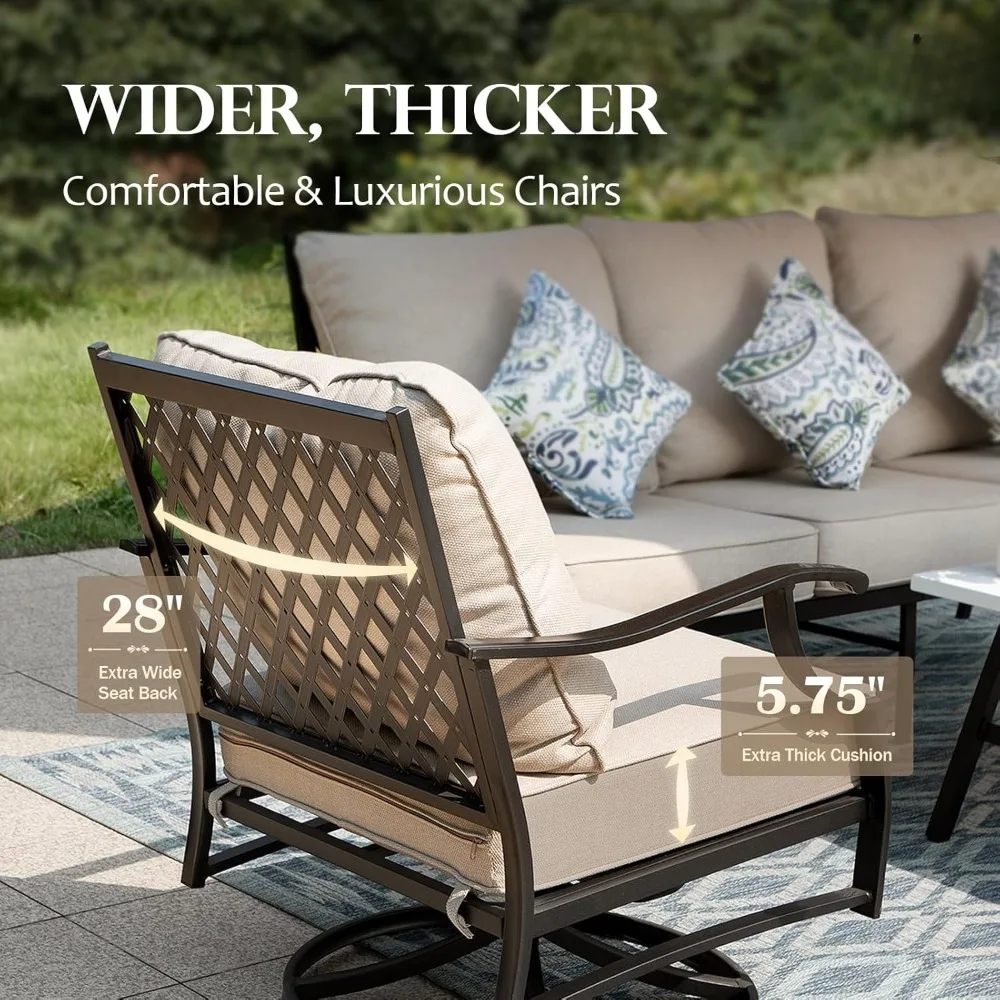 5 Piece Patio Furniture Set, 2 x Swivel Chair, 2 x Ottoman, 1 x 3-Seat Sofa, All Cushioned 7 Seats Outdoor Conversation Set