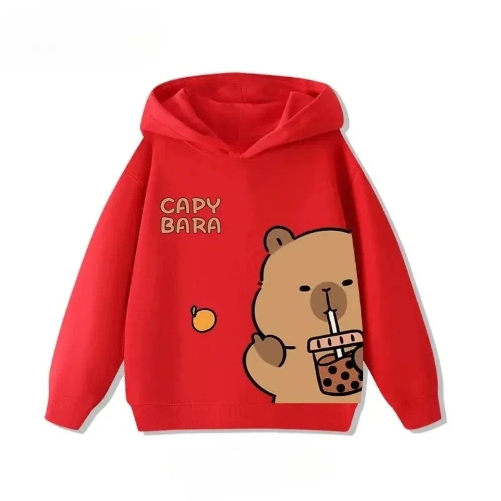 Children's Kapibala Drinking Milk Tea Cartoon Printed Hooded Sweater Spring and Autumn Casual Long-sleeved Pullover