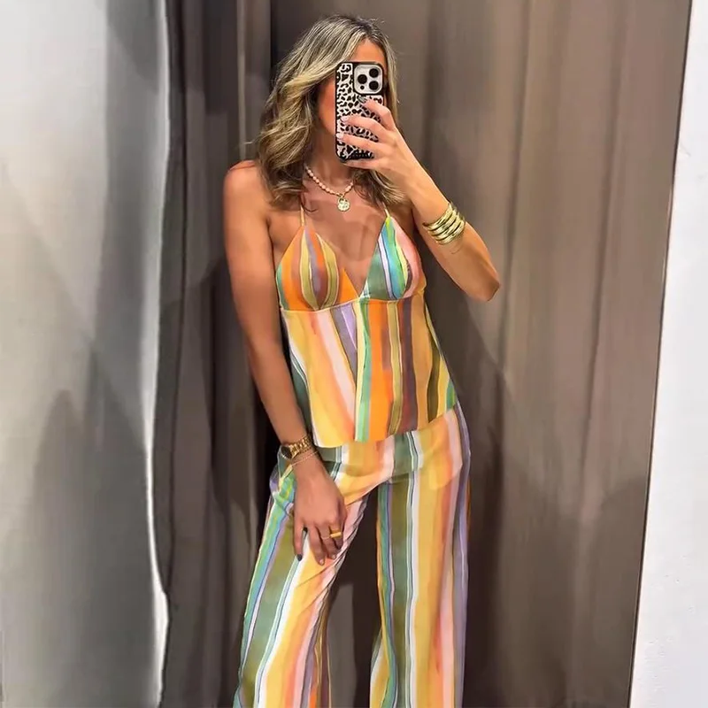 Gestreifte V-Ausschnitt Rückenfreie Crop-Tops und Hosen-Sets für Damen, Sexy Ärmelloses Schnür-Top, Midi-Taille, Weite Hosen, Schicke Damen-Outfits – Detail 7