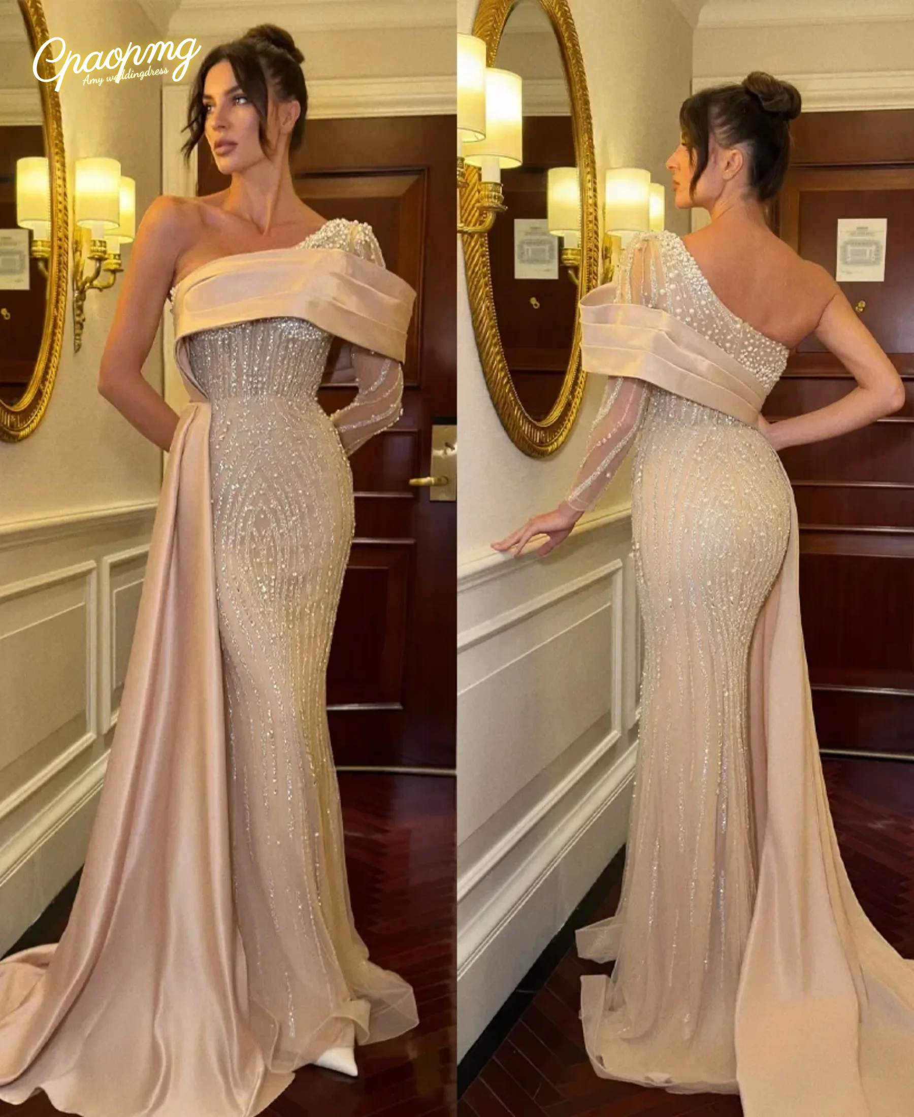 

Элегантные вечерние платья с блестками и бисером по индивидуальному заказу, жемчуг, платья для выпускного вечера на одно плечо, с длинными рукавами по бокам, платья для особых случаев