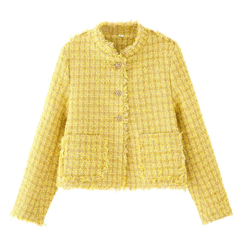 

Woman Elegant Yellow Tweed Jacket 2025 Autumn Female Chic Plaid Textured Jackets Ladies Casual Straight Short Jackets