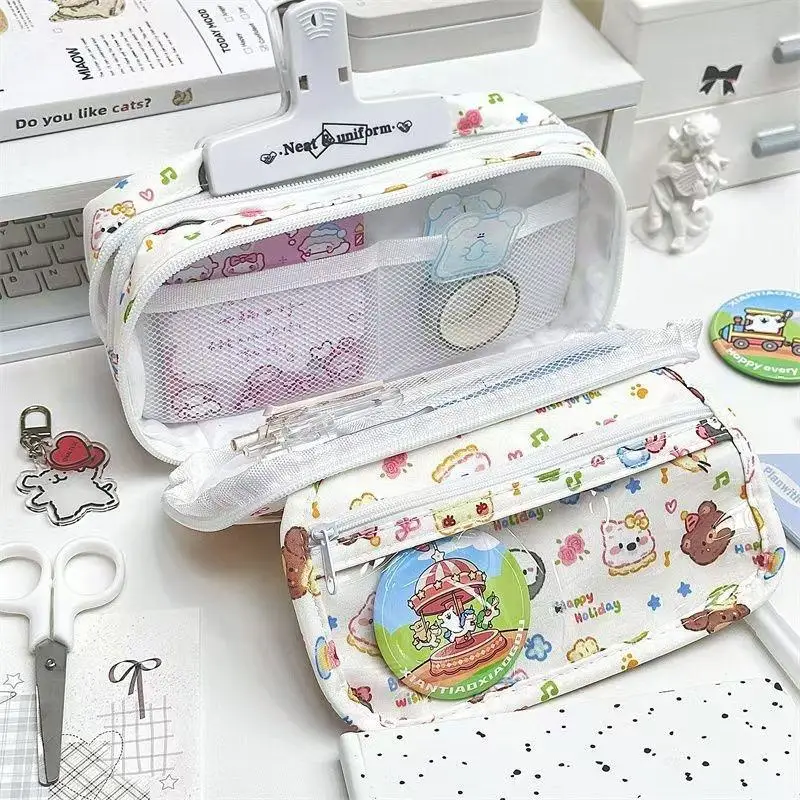 Cute Floral Dog Printed Pencil Bag Large Capacity Multi-layer Stationery Storage Bag Student Supplies Gift