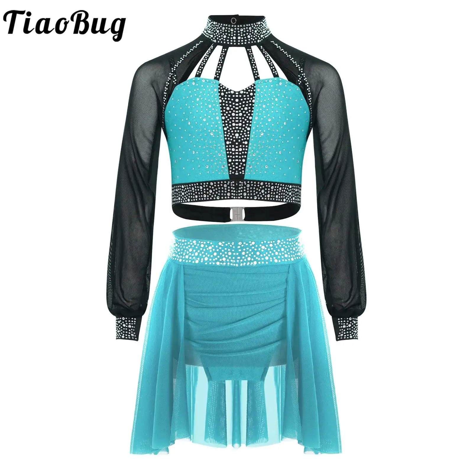 

Kids Girls Figure Skating Modern Dance Performance Outfits Long Sleeves Back Strappy Rhinestones Crop Top with Ruched Mesh Skirt