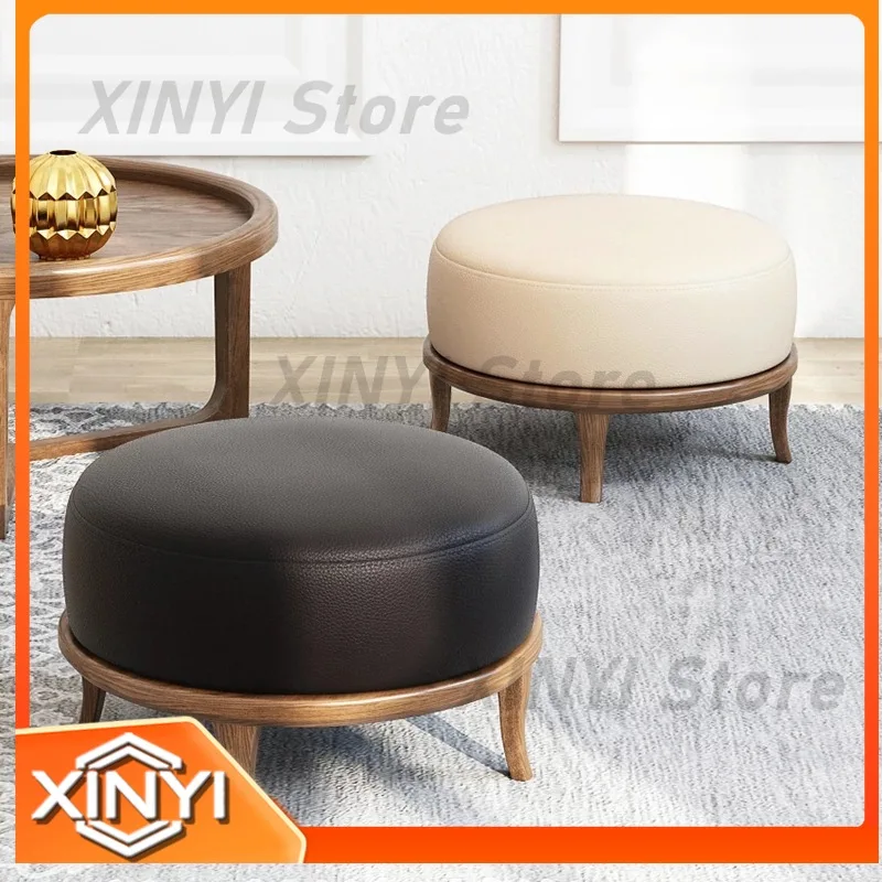 Solid Wood Shoe Bench for Nordic Style Genuine Leather Stool for Home Use Round Footstool for Sofa Bed End Ottoman Low Pouf