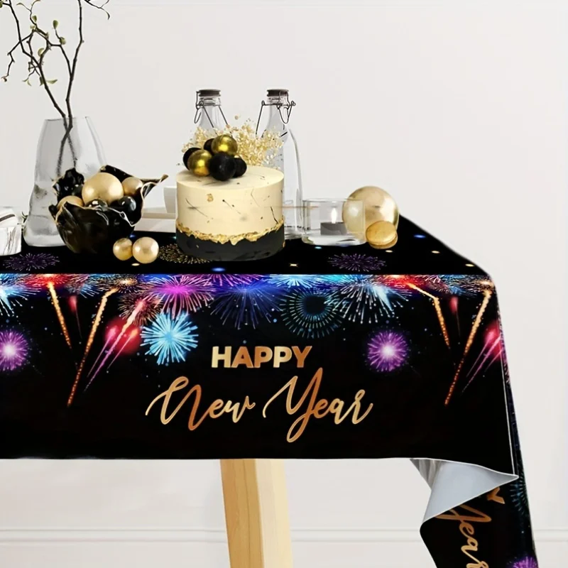 1pc, New Year'S Celebration PE Table Cover, 86.61*51.18inch, Vibrant Fireworks Design Table Cover, Single-Use Table Cover, Joyfu