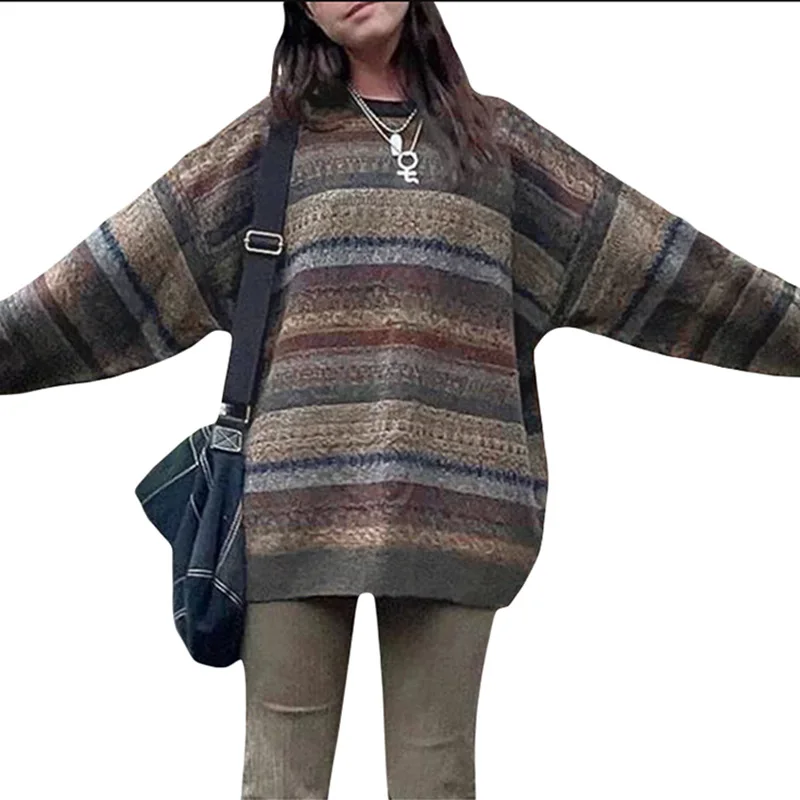 Vintage American Style Women Oversized Knit Pullover Crew Neck Multi Color Stripe Long Sleeve Loose Casual Sweater